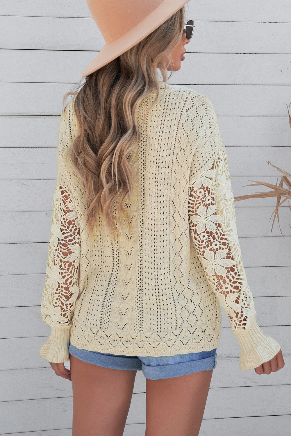 Openwork Lantern Sleeve Dropped Shoulder Sweater