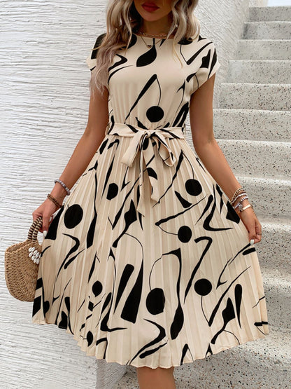 Tied Pleated Printed Cap Sleeve Dress