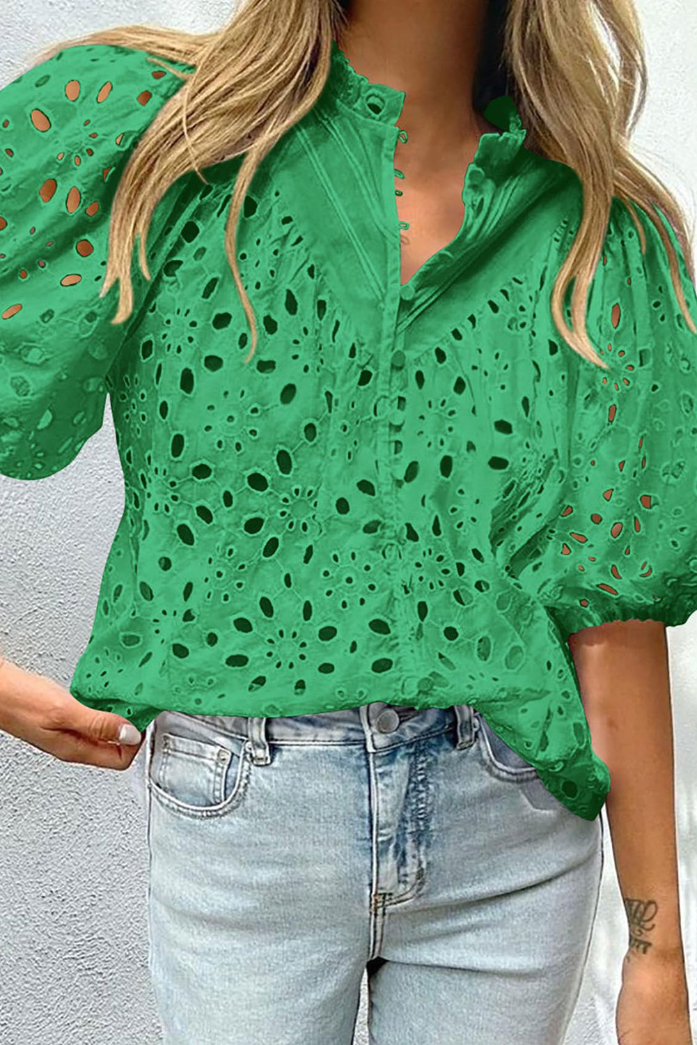 Eyelet Button Up Half Sleeve Blouse