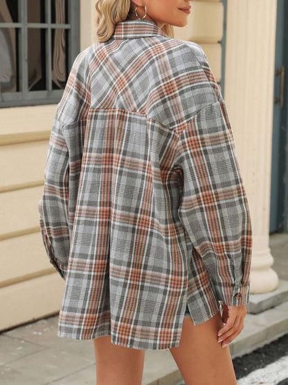 Pocketed Plaid Collared Neck Long Sleeve Shirt