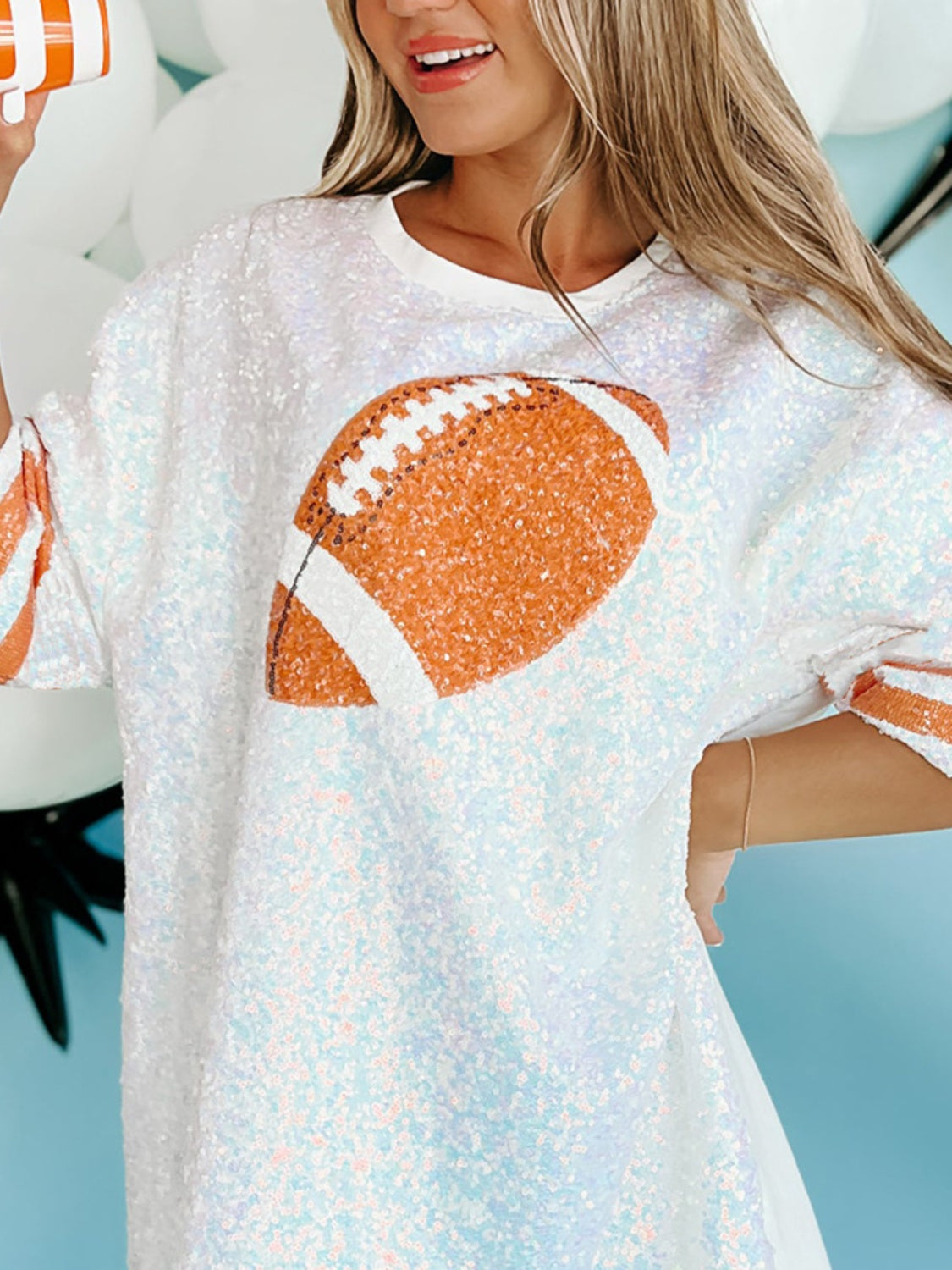 Sequin Football Round Neck Half Sleeve Oversize Top